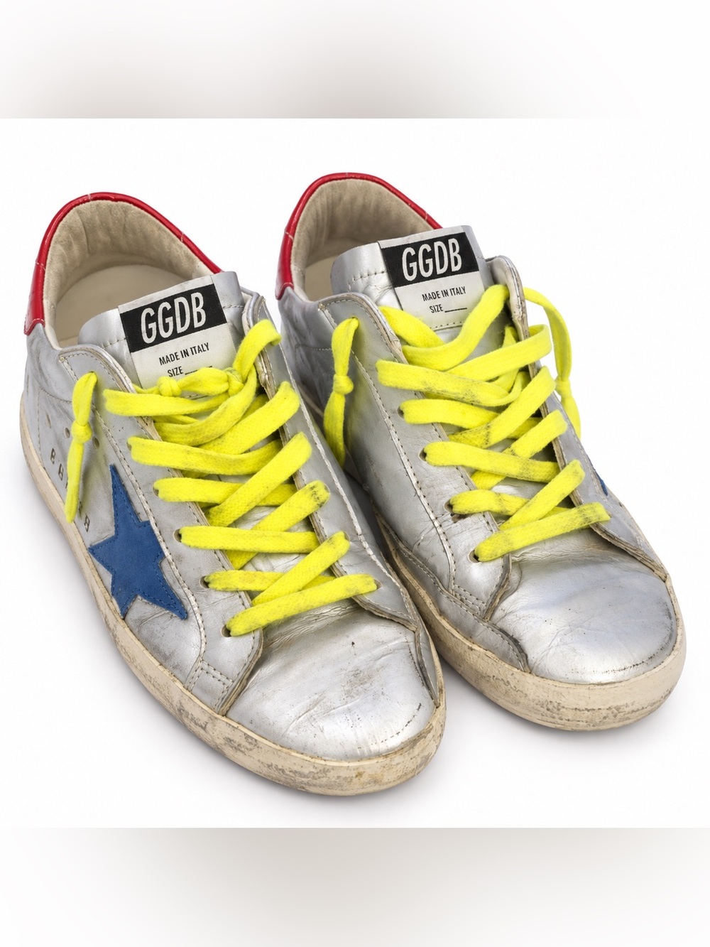 Women Golden Goose Silver Sneakers with Blue Star and Neon Yellow Laces